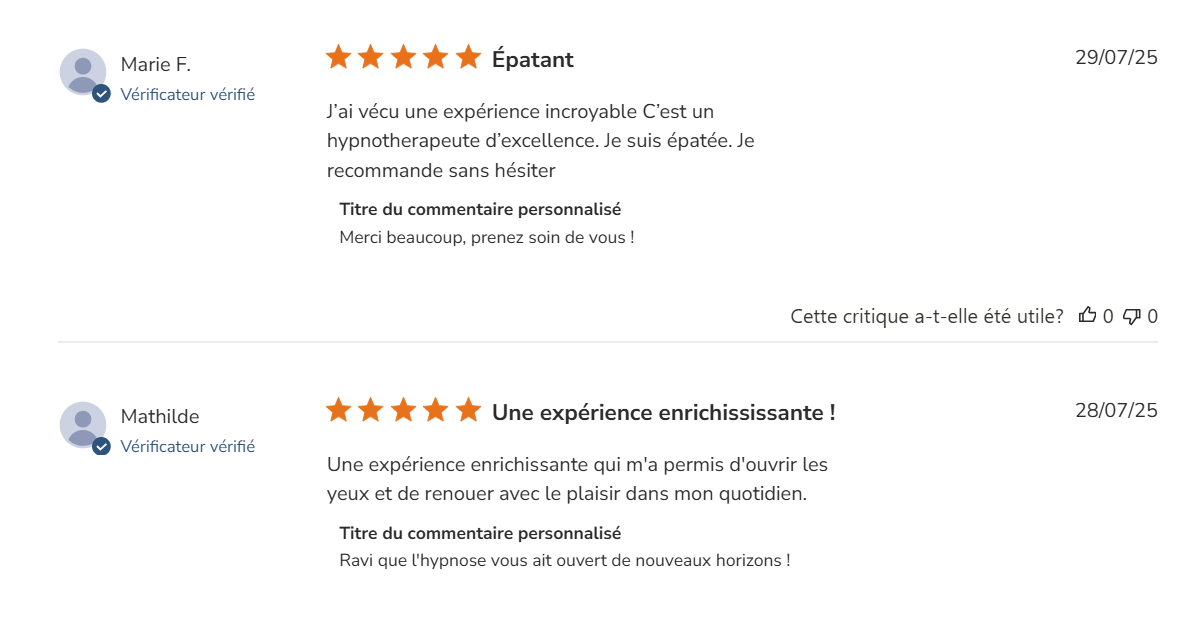 Capture d'écran des avis clients pour Eric Gavrel sur Yotpo, montrant une note élevée pour ses séances d'hypnose à Toulouse.